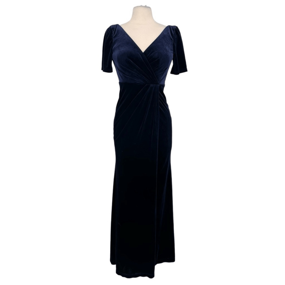 Reverly Giselle Velvet Dress Size 2 Navy Blue Faux Wrap Formal Evening Holiday